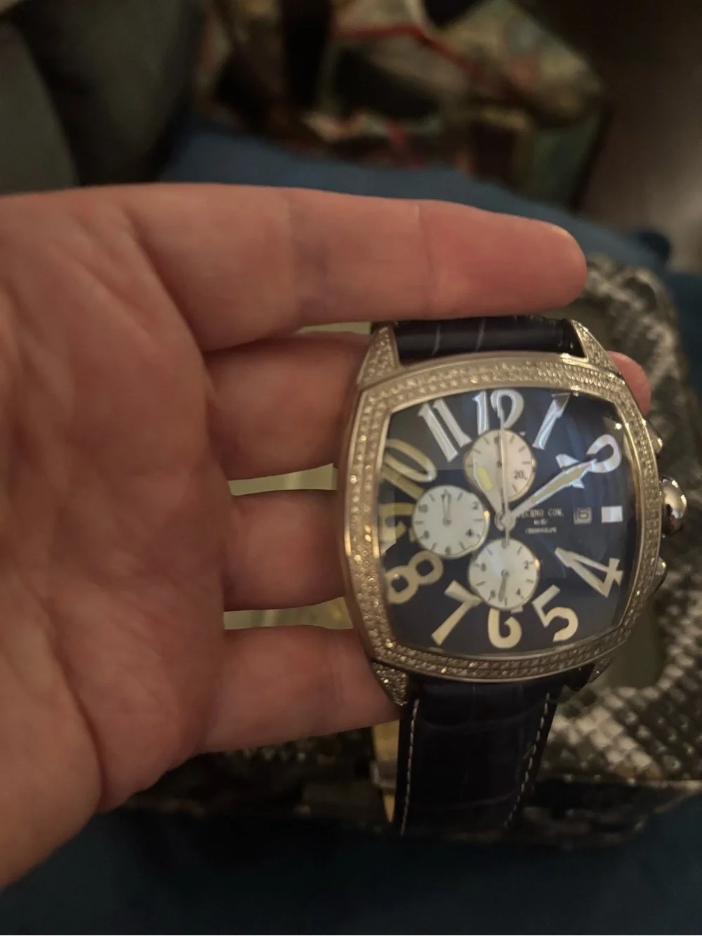 Stunning 4 ct Diamond Techno Com by KC Stainless Watch, Navy Blue Croc Strap